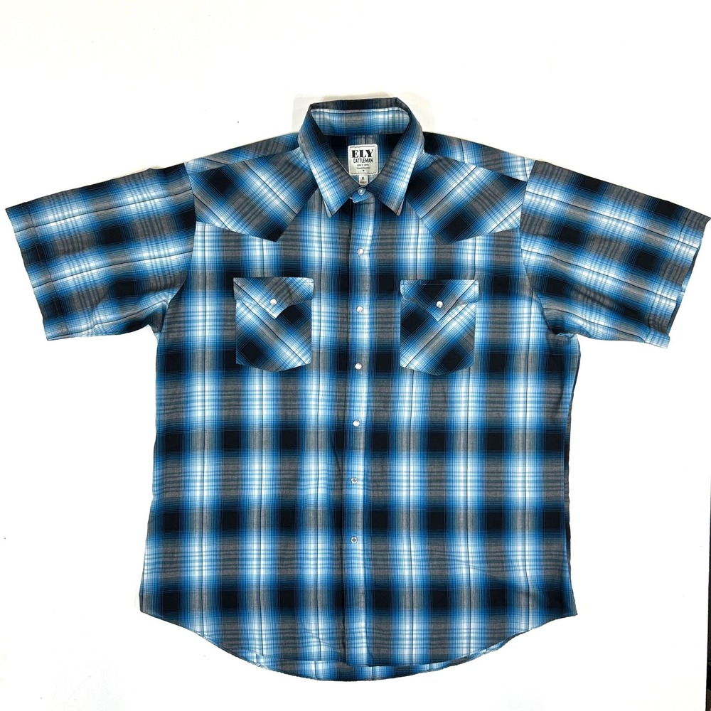Ely Cattleman Mens Blue Black Plaid Pearl Snap Western Shirt XL 15A2707-TQ